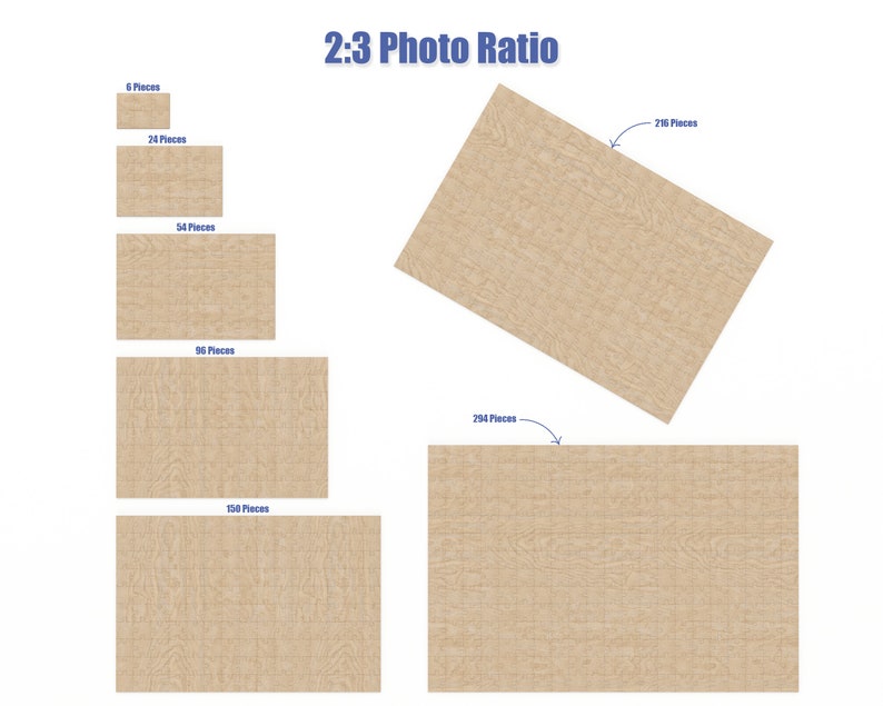 May include: A diagram showing different sizes of jigsaw puzzles with a 2:3 photo ratio. The puzzles are made of wood and have a light brown color. The number of pieces in each puzzle is labeled.