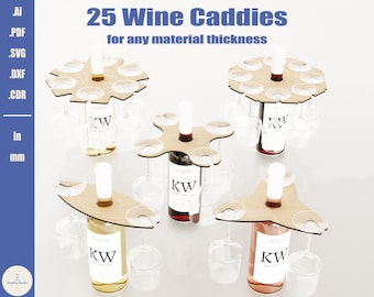 Wine Caddy SVG Glass Holder - 25 Bundle of Laser Cut Wine Bottle Glass Serving Tray Files for Glowforge