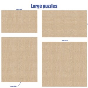 May include: Four different sized jigsaw puzzles with a wood grain pattern. The puzzles are labeled with the number of pieces: 1000, 2000, 2500, and 1000.