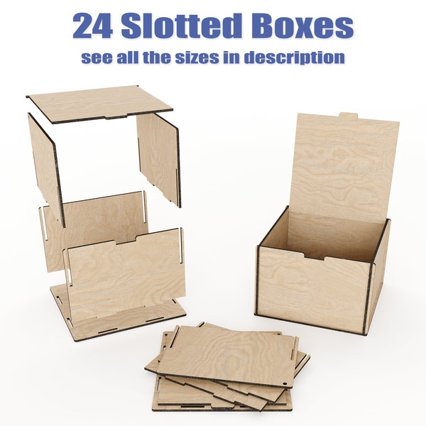 Laser Cut Slotted Box with Flip Up Lid - Storage Box Bundle of 24 - Laser Cut Hinged Boxes - Vector DXF & SVG files for laser cutting wood