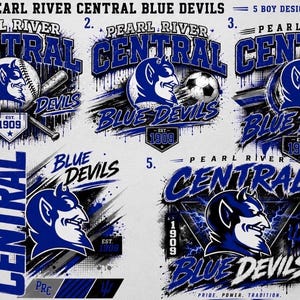 May include: Five graphic designs featuring the Pearl River Central Blue Devils mascot in blue and black. Each design includes the text Pearl River Central Blue Devils and Est. 1909, with variations showing baseball bats, a soccer ball, and lightning.
