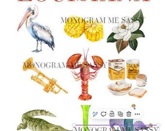May include: A watercolor illustration of Louisiana state symbols, including a pelican, corn, magnolia flower, crawfish, trumpet, beignets, coffee, alligator, and a jester's hat. The text "MONOGAMM ME SASSY" appears multiple times in the image.