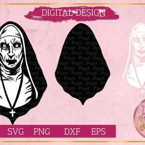 Puede incluir: Diseño digital en blanco y negro de una monja con una cara aterradora. La monja lleva un hábito y un collar con una cruz. El diseño está en estilo silueta y es perfecto para proyectos de Halloween o de temática de terror.