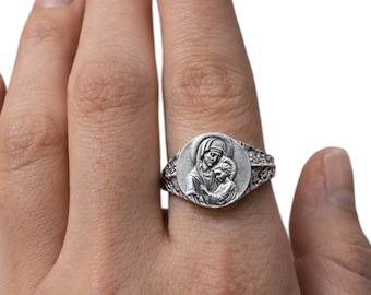 Virgin Mary Figurine and Jesus Ring 925 Sterling Silver, Brass Silver Plated Catholic Jewelry