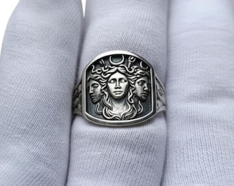 Hecate Triple Moon Goddess Ring, Oxidized Sterling Silver Signet, Greek Mythology Jewelry