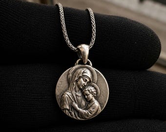 Virgin Mary and Child Pendant Necklace, Catholic Medal Jewelry, Madonna and Jesus Religious Necklace