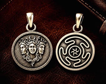Hecate Triple Moon Goddess Necklace, Double-Sided Silver Amulet, Pagan Wiccan Jewelry