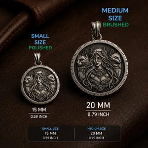 May include: Two circular silver-toned pendants featuring a central female figure flanked by two cats. The small pendant is labeled 15 mm (0.59 inch) and polished, while the medium pendant is labeled 20 mm (0.79 inch) and brushed. Both have bails.