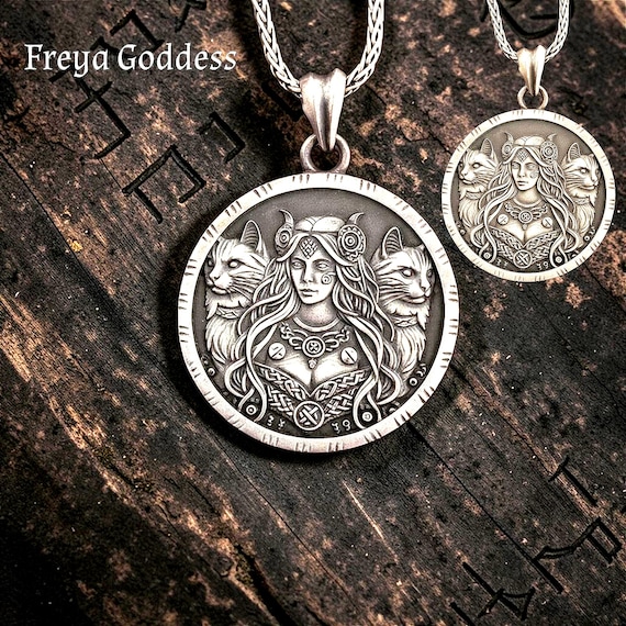 Norse Goddess Freya Coin Pendant, Viking Mythology, Freyja Sterling Silver Brass Amulet Necklace