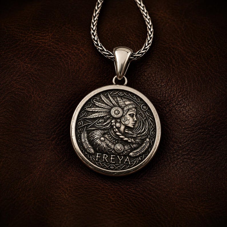A silver pendant necklace featuring a detailed circular charm. The charm depicts a woman with long hair, flanked by two stylized animal figures. The pendant hangs from a delicate silver chain, creating an elegant accessory.