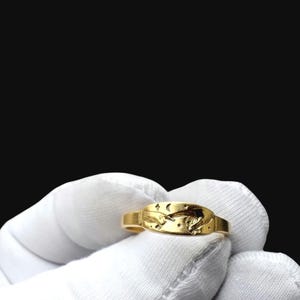 Può includere: Un anello d'oro con un design dettagliato raffigurante un delfino, stelle e una luna crescente. L'anello è tenuto da una mano guantata su sfondo nero. Il design dell'anello è inciso.