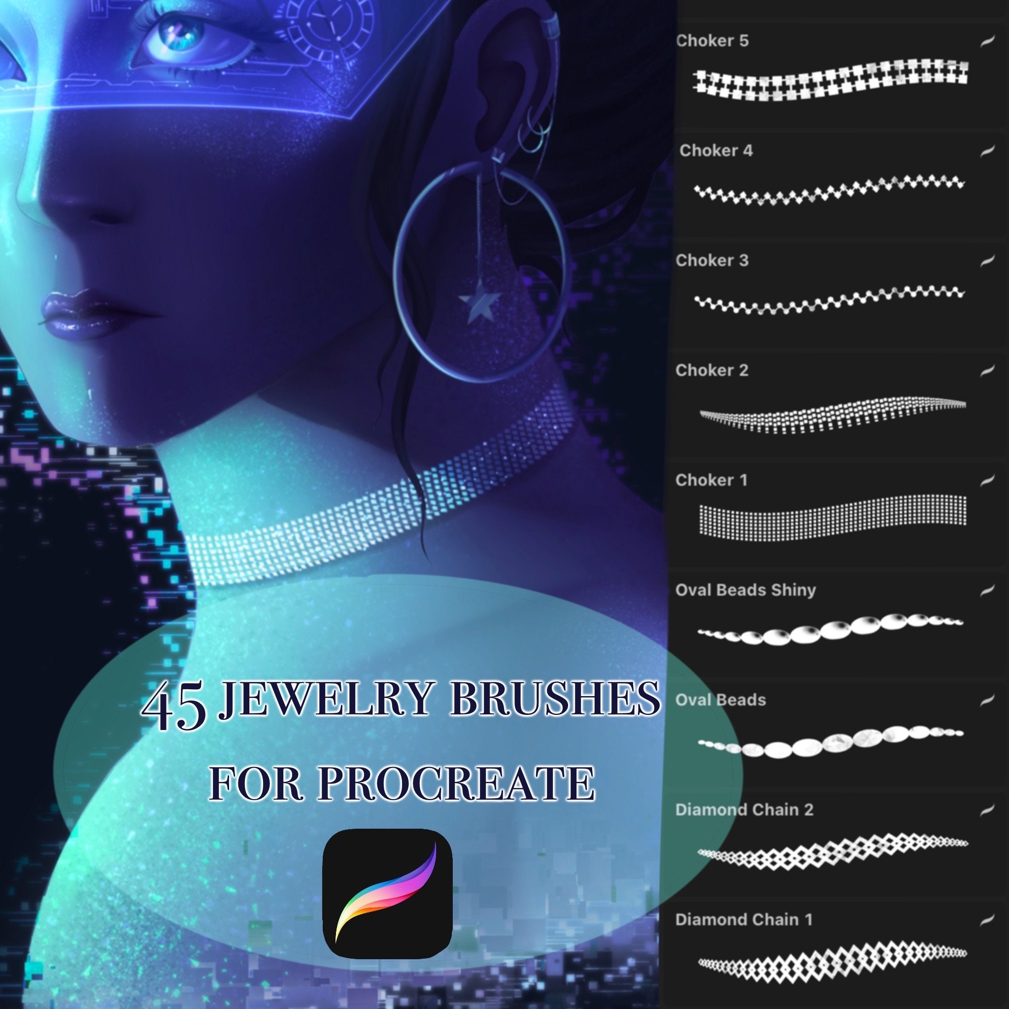 45 Procreate Jewelry Brushes and Stamps: Chains, Beads, Charms, Earrings