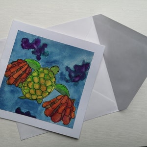 Cartão quadrado aquarela original peça única tartaruga aquática