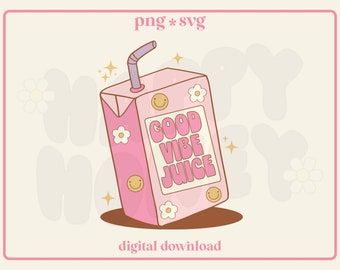 Puede incluir: Una caja de jugo rosa con una pajita y el texto "GOOD VIBE JUICE" en letras rosas. La caja de jugo está rodeada de flores blancas y estrellas.