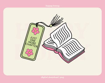 Könnte beinhalten: Ein grünes Lesezeichen mit rosa Blumen und dem Text "Just one more chapter" liegt auf einem geschlossenen Buch mit rosa Seiten. Das Buch ist geöffnet und die Seiten sind sichtbar.