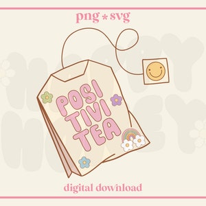 PositiviTEA Png Svg Sublimazione, Pensieri Positivi Carini svg, Bustina di Tè png / Per adesivi, tazze, magliette e altro