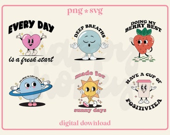 Self Care PNG Bundle, Retro Characters, Trendy Funny Sticker Designs (Digital)