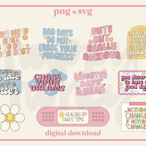 Leuke geestelijke gezondheid SVG PNG-bundel, trendy, positieve citaten, bloemen, vrolijke bundel | Voor T-shirts, draagtassen, mokken, stickers en meer