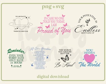 Positive Affirmations SVG PNG Bundle: Mental Health Designs (Commercial Use)