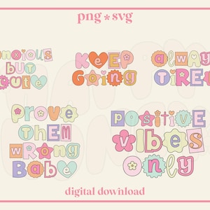 Cute Trendy Cut Out Letters SVG PNG Bundle | Positive Vibes, Mental Health, T-Shirt and Sticker Design