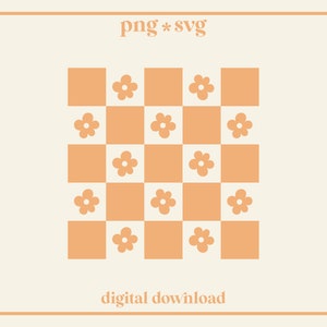 May include: A digital download of a checkered pattern with peach-colored squares and small orange flowers in each square. The text "png * svg" and "digital download" are below the pattern.