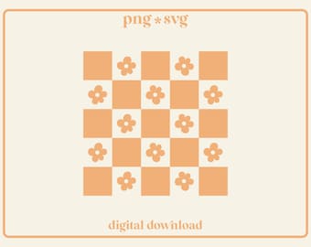Puede incluir: Una descarga digital de un patrón de cuadros con cuadrados de color melocotón y pequeñas flores naranjas en cada cuadrado. El texto "png * svg" y "descarga digital" se encuentra debajo del patrón.