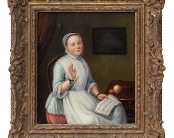 Jovem mulher cantando. Pintura de mestre do século XVIII, de H. Carré. Assinada como ARTE ANTIGA HOLANDESA original. Mulher com um livro de canções. Datada de 1757.