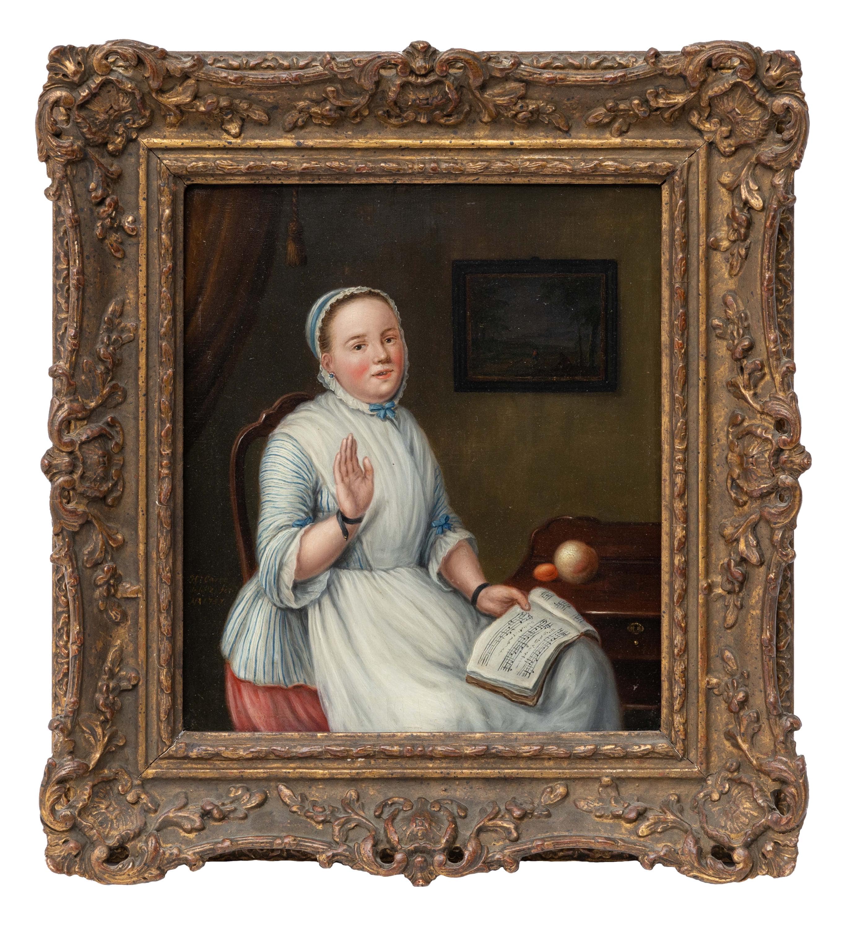 Young Woman Singing. 18th Century Old Master Painting by H.carre