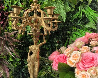 Solid BRONZE 19th century candelabra. French with unique female sculpture. Antique candle holder for classic home interior. Louis decor