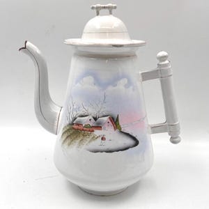 Coffee Tea pot - Enamel, Steel. France 1900-1920. Antique old kitchen container. Winter mood landscape. Christmas vintage decoration