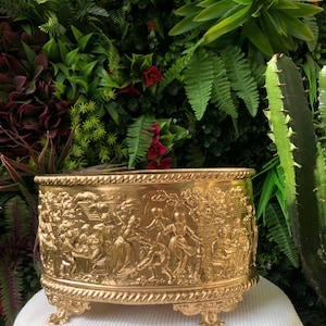 May include: A gold-coloured rectangular planter with ornate relief carvings depicting figures in a pastoral scene. The planter has a rope-like trim and rests on four decorative feet. The background features a variety of green plants.