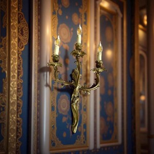 May include: A gold-colored wall sconce with three candle holders. The sconce has an ornate, curved design with detailed floral accents. The candles have a realistic flame effect. The sconce is mounted on a blue wall with gold floral patterns.