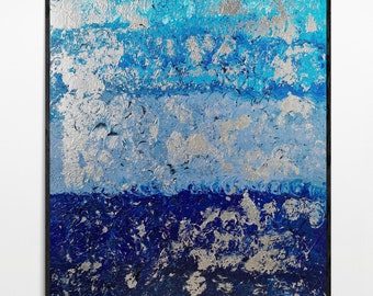One-of-a-Kind Abstract Painting with Blue & Silver Spherical Strokes | Hand-Painted Canvas Art 60x80 cm | Artist-Signed | Free Shipping