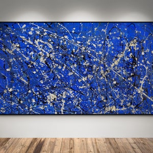 XXL Pollock-Style Blue Abstract Canvas: Exclusive Large Wall Art for Modern Decor - Original, Handcrafted Fine Art for Living Room & Gallery