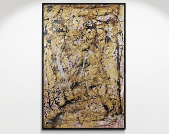 Art exclusif sur toile dorée : inspiré de Jackson Pollock, éclaboussures métalliques avec des accents violets et argentés noirs, chef-d'œuvre abstrait fait à la main