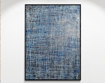 Esclusiva tela astratta ispirata a Pollock, tonalità scure e blu con schizzi di rame argento metallizzato - Arte da parete unica per decorazioni moderne fatta a mano