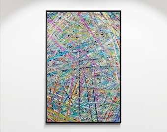 Levendig abstract canvas Pollock-geïnspireerd - originele, handgemaakte moderne kunst voor de woonkamer - exclusieve beeldende kunst, aangepast wanddecorstuk