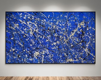 Toile abstraite bleue de style Pollock XXL : grand art mural exclusif pour un décor moderne - beaux-arts originaux et fabriqués à la main pour le salon et la galerie