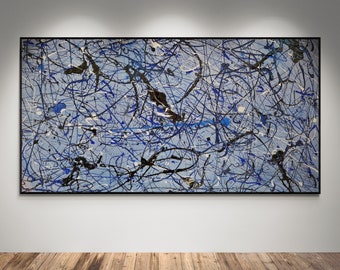 XXL Pollock-Inspired Abstract Art Blue & Black Canvas - Original Large Wall Decor for Modern Living Spaces Artwork Original Handmade Artwork