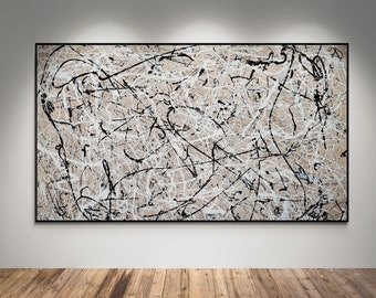 XXL Pollock-Style Abstract Canvas Sand Colored Background Bold Black & White Splashes Modern Original Large Wall Art for Contemporary Decor