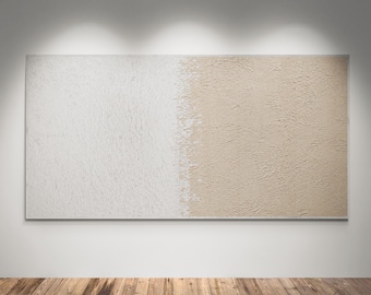 May include: A large rectangular abstract painting with a textured surface. The artwork is divided vertically, with the left side in white and the right side in a beige tone. The painting is mounted on a white wall.