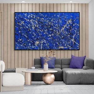 Toile abstraite bleue de style Pollock XXL: grand art mural exclusif pour un décor moderne beaux-arts originaux et fabriqués à la main pour le salon et la galerie image 2