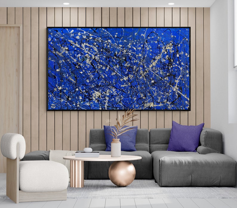 Toile abstraite bleue de style Pollock XXL: grand art mural exclusif pour un décor moderne beaux-arts originaux et fabriqués à la main pour le salon et la galerie image 2