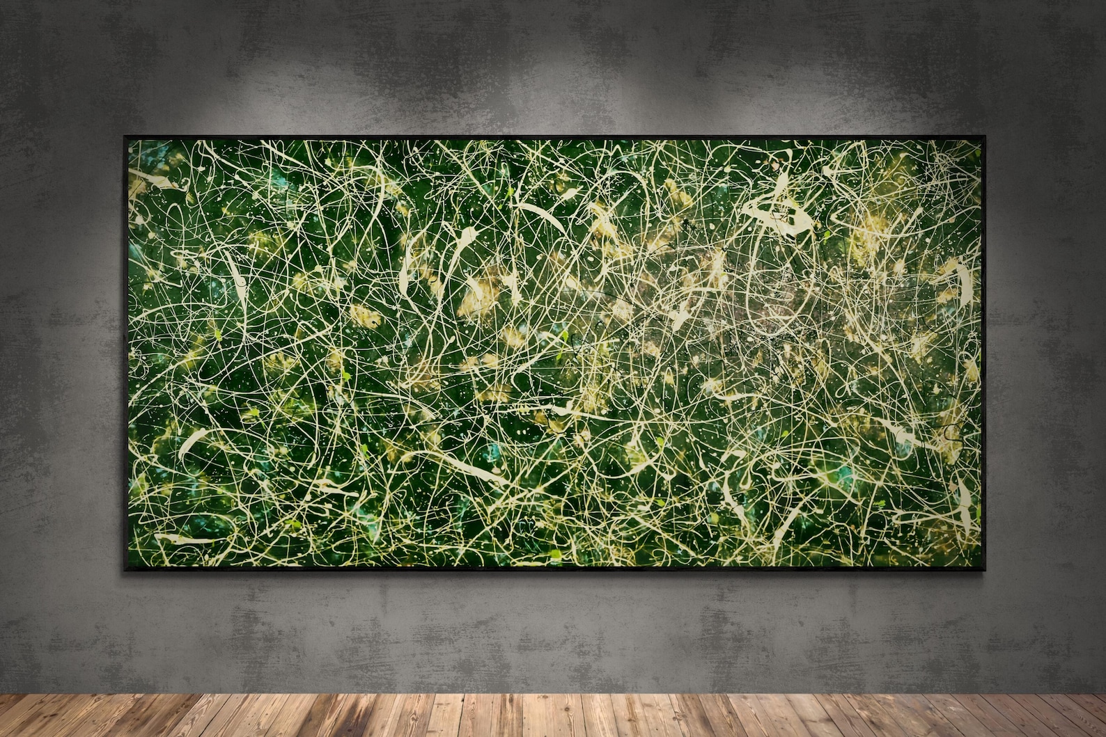 One-of-a-Kind Green & Gold | Jackson Pollock Style XXL Abstract Painting | 300×150 Original Drip Art Modern Wall Decor | Exclusive Piece