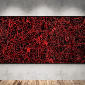 One-of-a-Kind Jackson Pollock Style Red & Black | Abstract Painting XLDrip Art 150×75 | Large Modern Wall Decor | Handmade Original Artwork