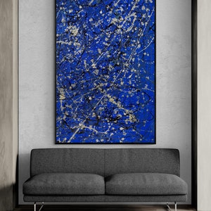 Toile abstraite bleue de style Pollock XXL: grand art mural exclusif pour un décor moderne beaux-arts originaux et fabriqués à la main pour le salon et la galerie image 7