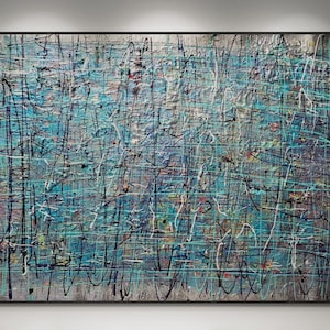 One-of-a-Kind Jackson Pollock Style Canvas, Drip and Splatter Acrylic Artwork, Modern Abstract Painting Chrome & Turquoise, Free Shipping