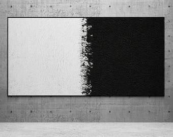 May include: A large, rectangular abstract painting with a black frame. The artwork is divided vertically, with the left side painted white and the right side black. The paint has a textured, impasto finish, creating a bold contrast.