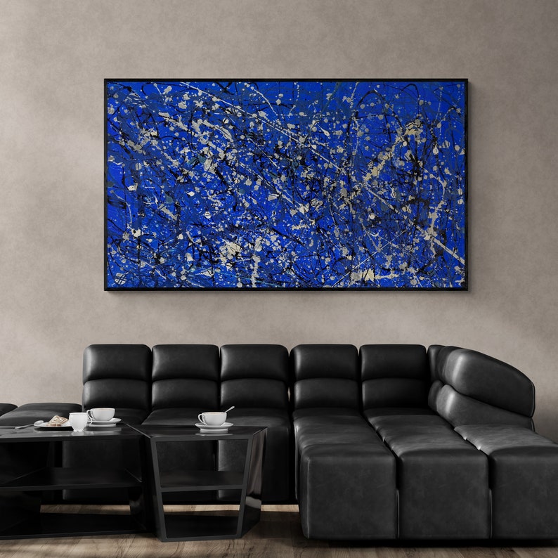 Toile abstraite bleue de style Pollock XXL: grand art mural exclusif pour un décor moderne beaux-arts originaux et fabriqués à la main pour le salon et la galerie image 5