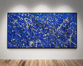 XXL Jackson Pollock Style Blue Canvas | Modern Black & Silver Drip Art | Original Abstract Painting | Exclusive Large Wall Decor, Ships Free